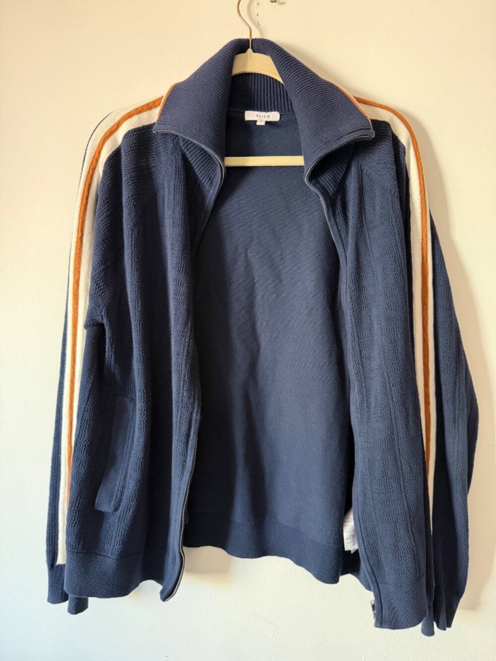 Reiss Navy Textured Knit Full-Zip Track Jacket With Striped Sleeves - Size S - Picture 7 of 9